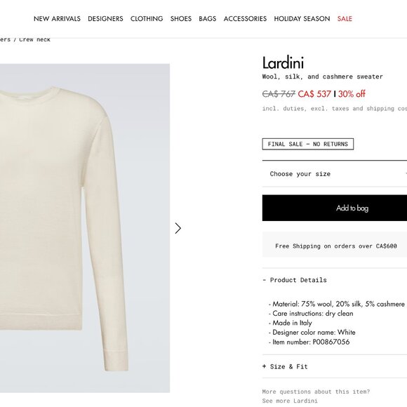 NWT Lardini Cashmere/Wool/Silk Blend Crewneck Sweater - Picture 7 of 7